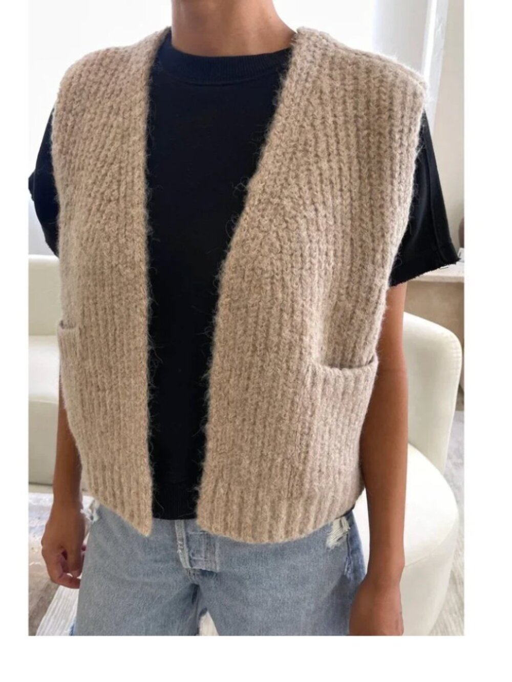 Le Bon Shoppe Oatmeal Alpaca Blend Open Front Knit Sweater Vest M/L Minimal Cozy